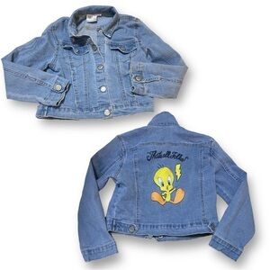 Looney Tunes Tweety Bird Upcycled Denim Jean Jacket Girls Small 6/6x Like New